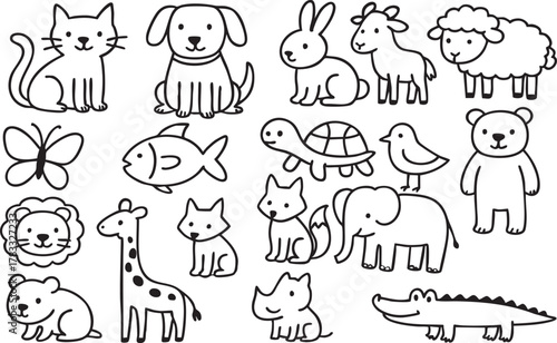 Cute Cartoon Animal Doodles Collection - Simple Hand-Drawn Line Art Vector Set for Kids and Education
