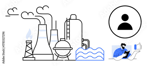 Factory with chimneys emitting smoke, energy pipelines, water feature, user profile, and person with a smartphone. Ideal for industry, technology, ecology, communication energy management