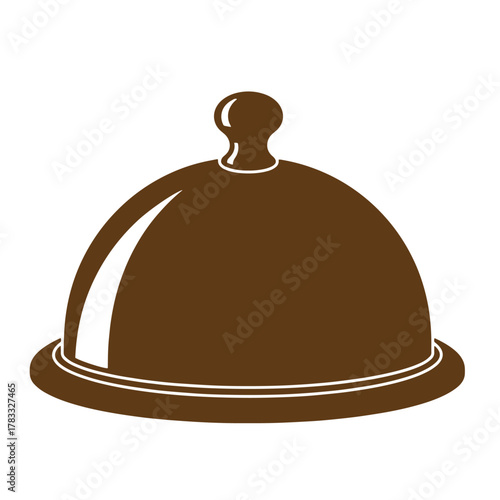 Brown cloche illustration representing fine dining and classic food service in a vintage art style