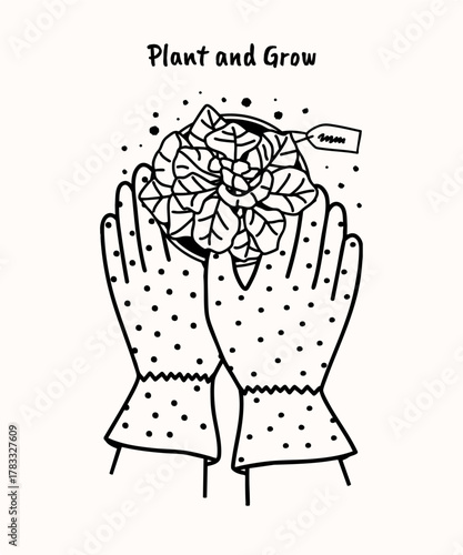 Minimalist vector illustration featuring hands in polka dot gardening gloves holding a young plant. Perfect for gardening, nature, spring, seasonal design, eco projects, and educational materials.