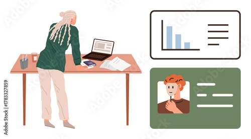 Woman reviewing documents and laptop screen at desk, with bar chart and ID card graphics nearby. Ideal for identity verification, data analysis, business, employment, research, office work, simple