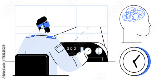 Pilot operating aircraft controls with focus on cockpit dials. Side elements include clock for time management and brain activity for mental focus. Ideal for aviation, time, focus, management
