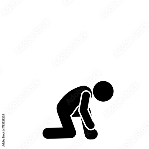Stick figure bending down to tie shoelaces carefully.