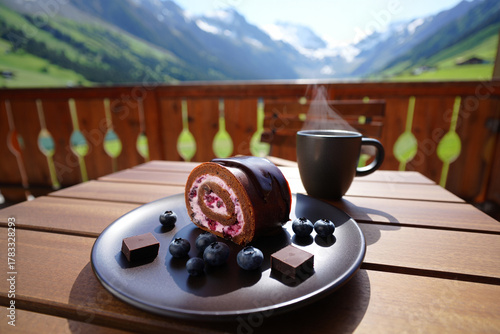 decadent chocolate Swiss roll on a chalet balcony overlooking the majestic Alps