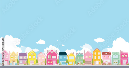 Vector de casas coloridas en hilera bajo un cielo azul claro con nubes suaves, ilustración plana.