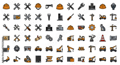 ai generative A detailed vector icon sheet of 60 construction and engineering icons.