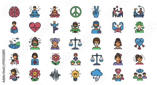 ai generative A calming vector icon sheet featuring 50 mindfulness and mental health icons.