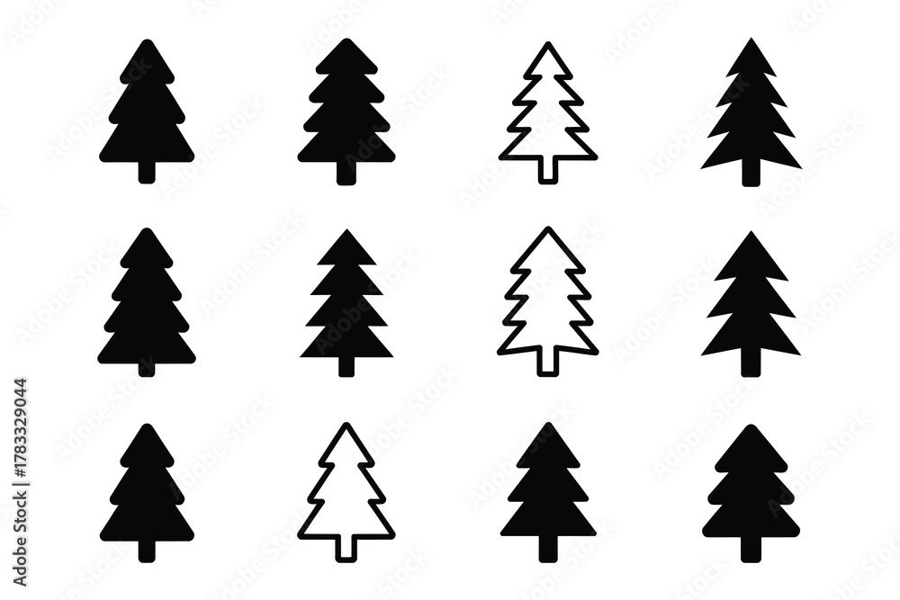 Fototapeta premium Minimal Christmas Tree Icon Set Solid & Outline Black Pine, Fir, Spruce Silhouette Vector Collection
