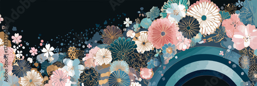 Fondo vectorial elegante con flores estilizadas en tonos pastel y azul oscuro, estilo japonés