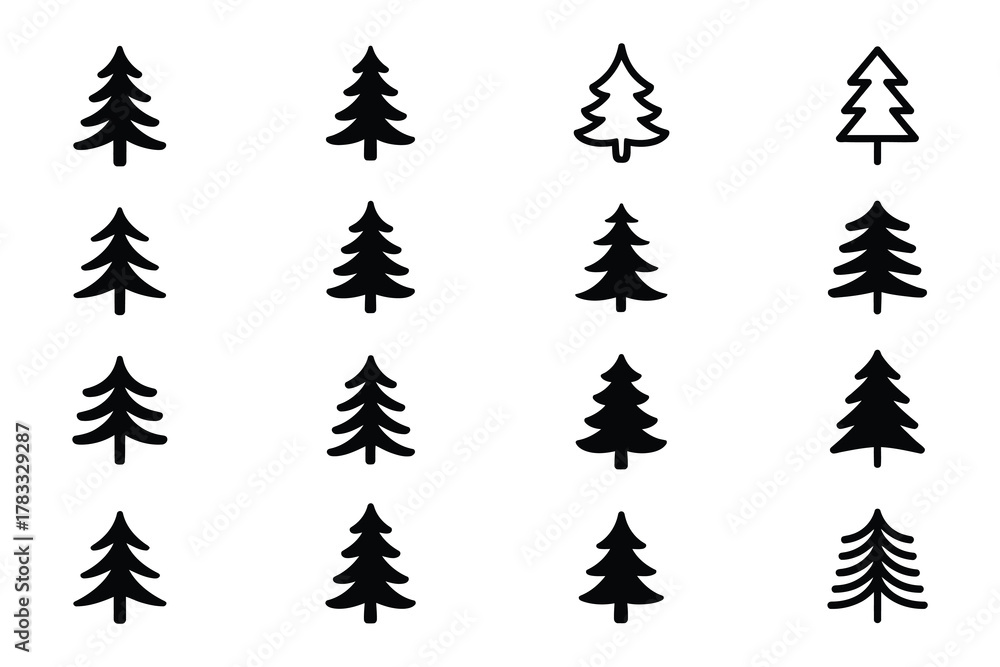 Obraz premium Christmas Tree Silhouette Icon Set Simple Black Fir, Pine & Spruce Outline Vector Collection