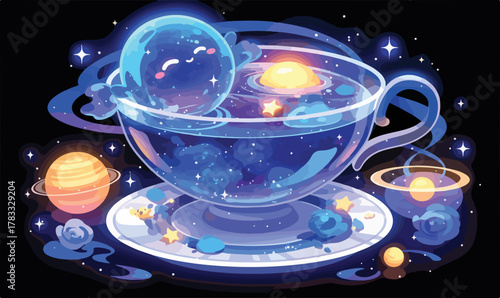Taza de té mágica con un universo galáctico, planetas brillantes y estrellas en líquido azul.