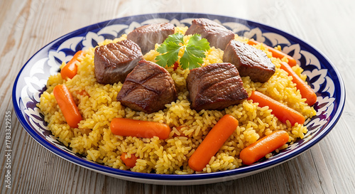 Traditional uzbek plov with lamb and carrots in a decorative bowl