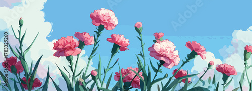 Ilustración vectorial de claveles rosados vibrantes creciendo contra un cielo azul claro con nubes suaves.