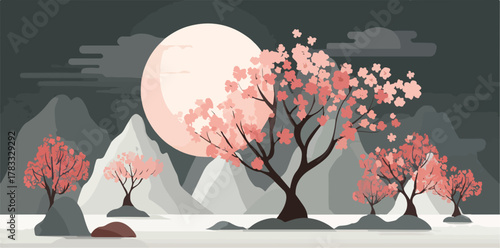 Paisaje nocturno minimalista con cerezos en flor y luna llena sobre montañas grises