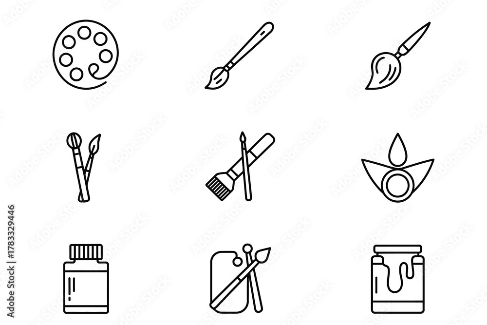 Obraz premium Creative Art Supplies Outline Icon Set Paintbrush, Palette, Drawing Tools & Artist Paint Jar Vector Collection