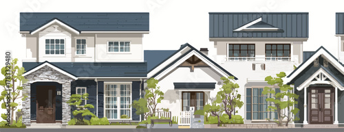 Ilustración vectorial de fachadas de casas residenciales modernas japonesas con tejados oscuros y jardines