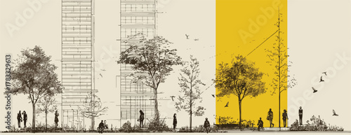 Vector de sección arquitectónica urbana con rascacielos, árboles y siluetas de personas en un parque.