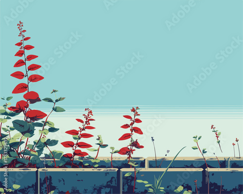 Vector minimalista de plantas rojas creciendo sobre una pared de hormigón con cielo azul claro.