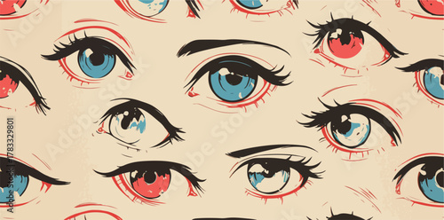 Patrón vectorial de ojos de estilo anime y manga con iris azules y rojos sobre fondo crema.