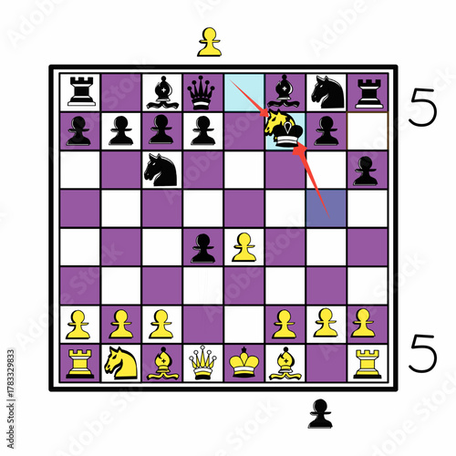 vector image of a chess attack with a white horse eating a black pawn and being countered by a black king on the fifth move
