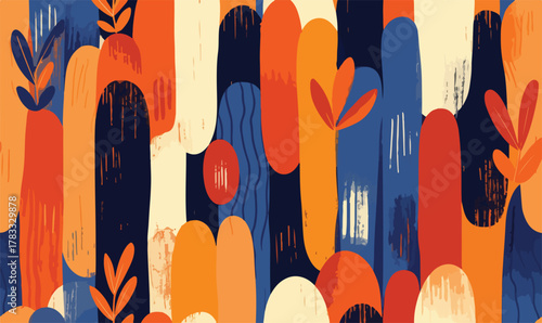 Patrón abstracto vibrante con formas orgánicas verticales en tonos azules, naranjas y crema.