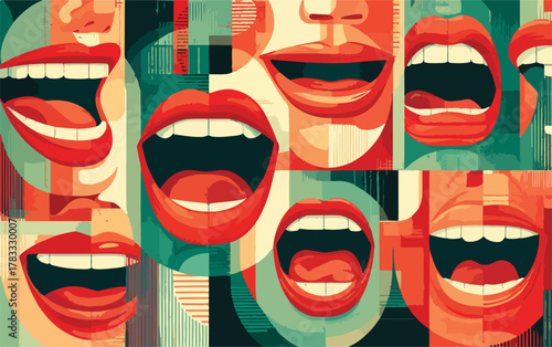 Collage vibrante de bocas y sonrisas abiertas en estilo gráfico abstracto y moderno