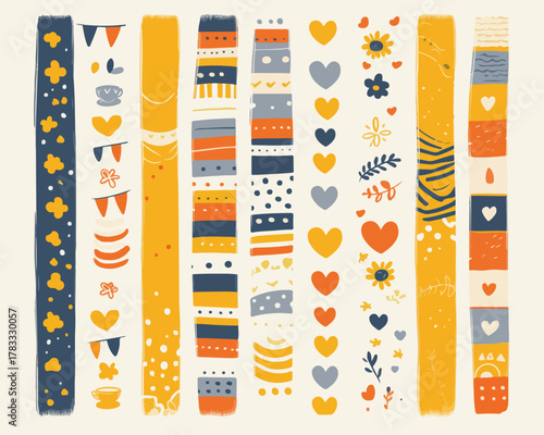 Colección de cintas adhesivas decorativas vectoriales con patrones de corazones, flores y rayas en tonos cálidos.