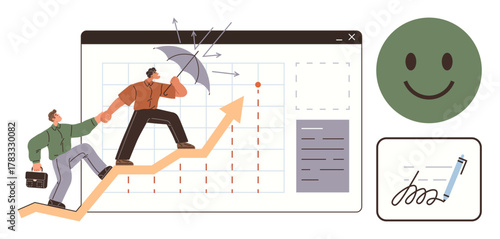Two individuals climb an arrow chart symbolizing growth, one shielding from obstacles with an umbrella. happy face and signature elements enhance positivity. Ideal for teamwork, resilience