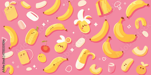 Patrón de vectores de plátanos kawaii y frutas con caras lindas sobre fondo rosa