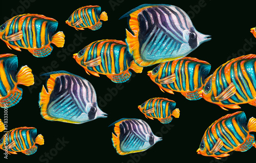 Seamless pattern with exotic fish. A school of colorful wedge-striped butterflyfish and emperor angelfish. Watercolor painting depicting fish on a black background.