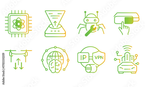 Gradient line icons illustrating advanced technological concepts, including artificial intelligence, robotics, cybersecurity, autonomous systems, and smart urban infrastructure for a connected future