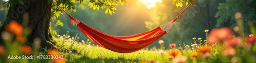 Serene Summer Hammock Swaying Gently in Lush Greenery, Vibrant Wildflowers, Perfect for Relaxation and Escape, Ideal for Vacation and Summertime Themes
