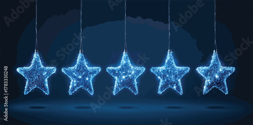 Cinco estrellas brillantes y azules cuelgan en el aire, representando la excelencia y el éxito.