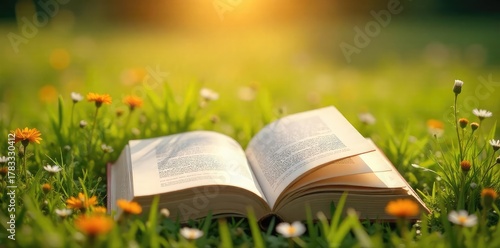Sun-drenched pages of a book lay open on a vibrant summer meadow, wildflowers scattered nearby A perfect image for relaxation, nature, and the joys of summer reading , summer reading, countryside