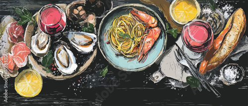 Deliciosa cena de mariscos y pasta con vino tinto y pan rústico servida sobre una tabla de madera oscura.