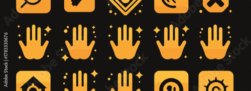 Conjunto de iconos dorados sobre fondo negro, estilo plano y moderno, diseño abstracto.