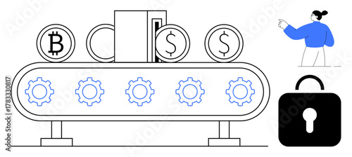 Conveyor belt with Bitcoin and dollar coins, gears beneath, secure lock, and woman pointing. Ideal for fintech, blockchain, security, automation, digital exchange innovation simple flat metaphor