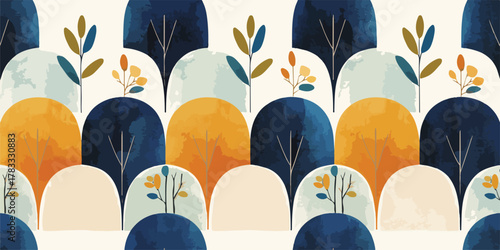 Patrón abstracto de árboles estilizados en tonos tierra y azules, con un diseño moderno y orgánico.