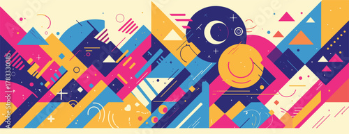 Abstract geometric composition with vibrant colors and celestial elements, representing creativity and diversity.