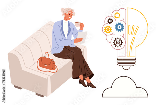 Elderly woman sipping coffee and reading on a sofa. Adjacent lightbulb with gears symbolizes innovation, ideas, wisdom, and critical thinking. Ideal for knowledge, development, strategy, creativity