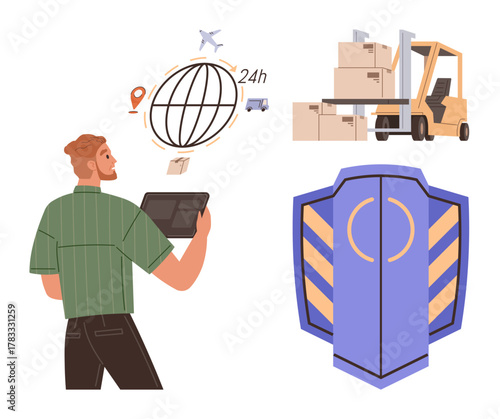 Man with tablet monitoring global shipping, icons of delivery and 24h service, forklift transporting boxes, security shield for protection. Ideal for logistics, supply chain, e-commerce, delivery