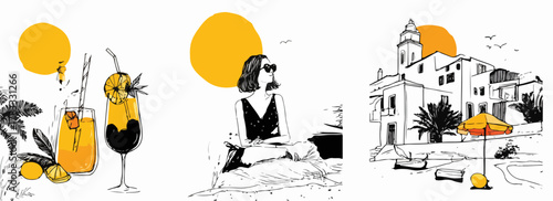 Escenas veraniegas dibujadas a mano, capturando la esencia de cócteles refrescantes, momentos de ocio y la arquitectura mediterránea bajo un sol brillante.