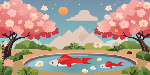 Autumn landscape with trees and birds