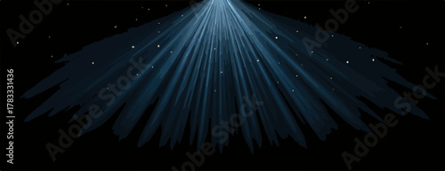 Impresionante haz de luz azul brillante que desciende desde arriba, iluminando partículas suspendidas en la oscuridad, creando una atmósfera mística y dramática.