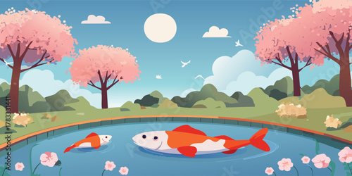 Autumn landscape with trees and birds