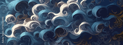 Composición abstracta vectorial con elegantes remolinos y ondas fluidas en una armoniosa paleta de azules, blancos y grises profundos.