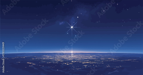 Una impresionante vista nocturna del horizonte urbano iluminado bajo un cielo estrellado, con un haz de luz ascendente que conecta la tierra con el cosmos.