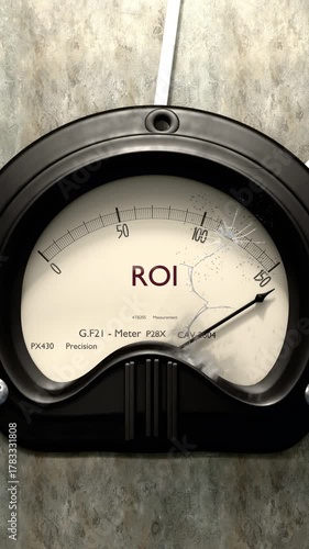 Roi meter showing big levels of roi. Dangerously increasing values of roi, critical overload. Too much, off the charts. Max roi