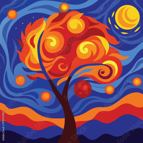 Abstract tree with fiery leaves and celestial bodies in a swirling blue sky
