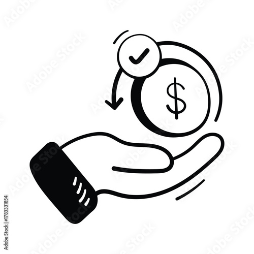 Hand holding a coin with arrow indicating refunds, returns, or money back